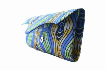 blue, white and orange african wax print clutch bag