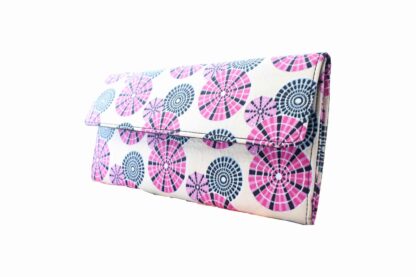 pink, black and beige african wax print clutch bag