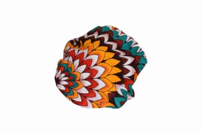 turquoise, brown, yellow, white and orange red african wax print satin lined hair bonnet