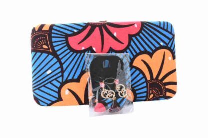 blue, orange, red and brown african wax print clutch bag and earring set