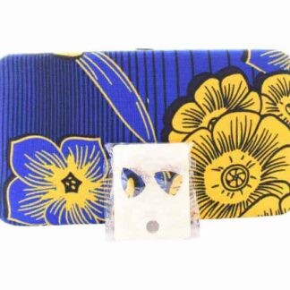 blue, yellow and turquoise african wax print clutch bag and earring set