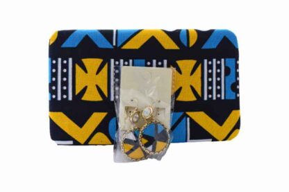 blue, yellow and black african wax print clutch bag and earring set