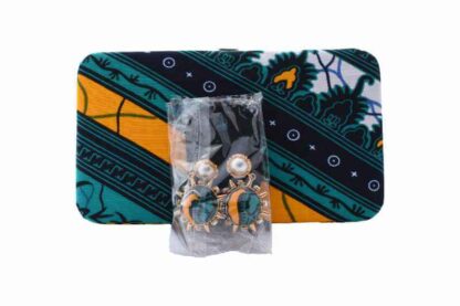 green, black, orange and white african wax print clutch bag and earring set