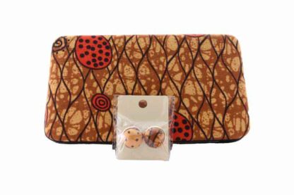 orange, brown and black african wax print clutch bag and earring set