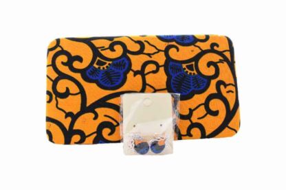 orange, blue and black african wax print clutch bag and earring set