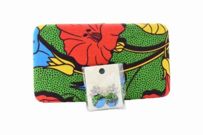 red, green, blue and yellow african wax print clutch bag and earring set