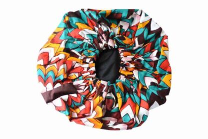 turquoise, brown, yellow, white and orange red african wax print satin lined hair bonnet