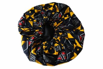 yellow, black and red african wax print satin lined hair bonnet