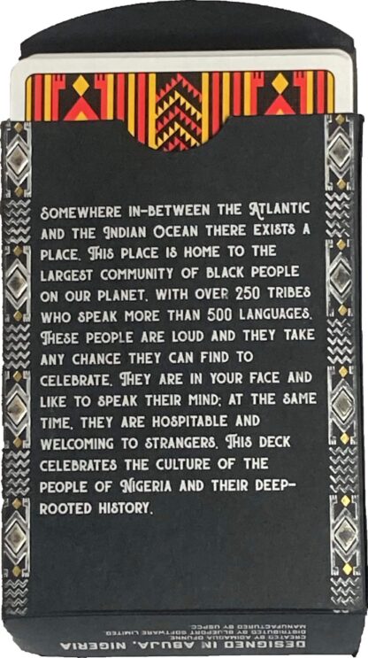 back view open box of natives nigerian playing cards with card peeking out of the box and the box has decorative african designs and a brief description of the history of nigeria
