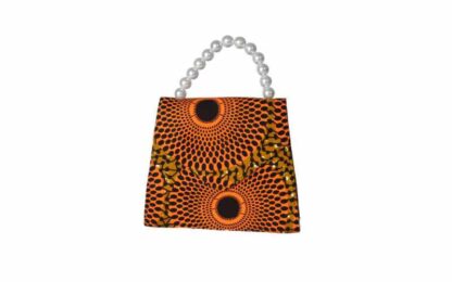 orange, brown and black african wax print tote bag with faux pearl handle