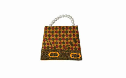 red, black and yellow african wax print tote bag with faux pearl handle