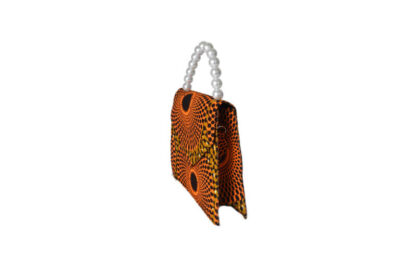 orange, brown and black african wax print tote bag with faux pearl handle