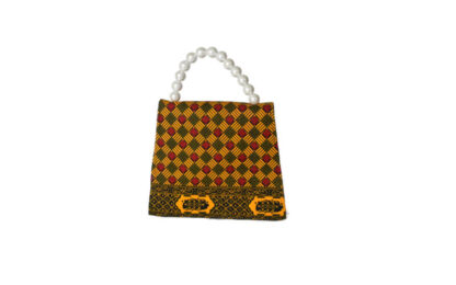 red, black and yellow african wax print tote bag with faux pearl handle