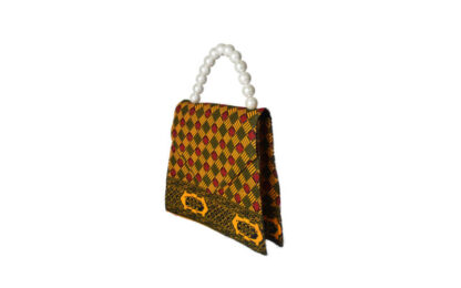 red, black and yellow african wax print tote bag with faux pearl handle