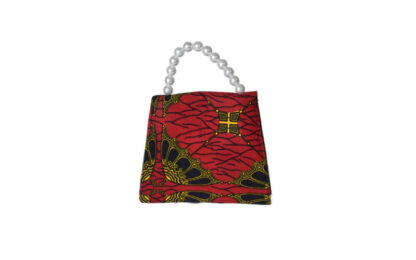 red, black and yellow african wax print tote bag with faux pearl handle