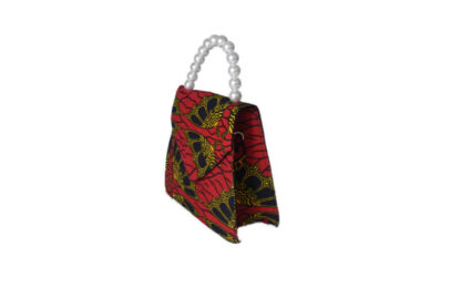 red, black and yellow african wax print tote bag with faux pearl handle