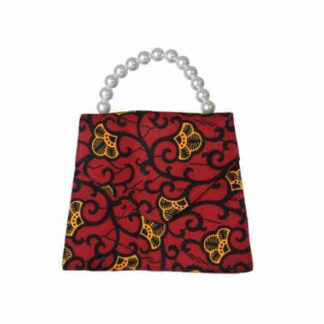 red, orange and black african wax print tote bag with faux pearl handle