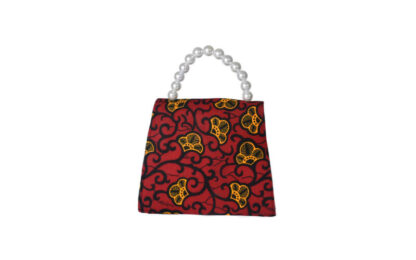 red, orange and black african wax print tote bag with faux pearl handle