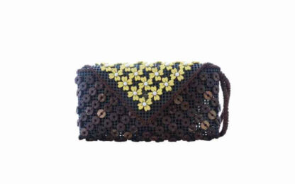 beaded button brown clutch bag with yellow flowers